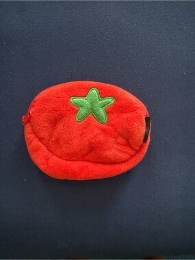 SHEIN Red Plush Tomato Coin Pouch with Green Embroidered Top